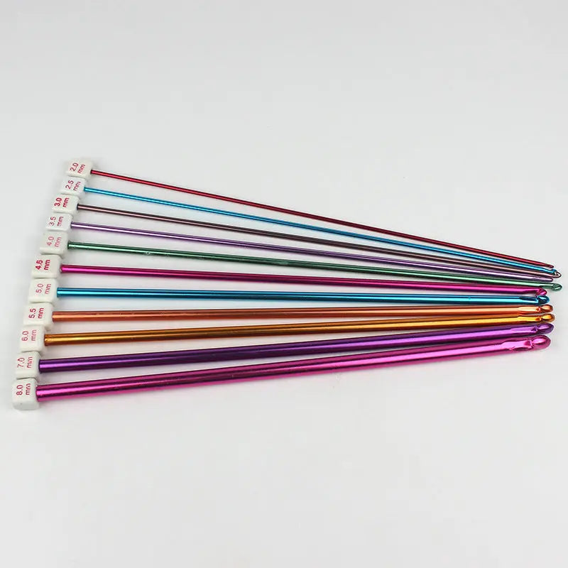 Tunisian crochet hooks set in various sizes for different stitch patterns.