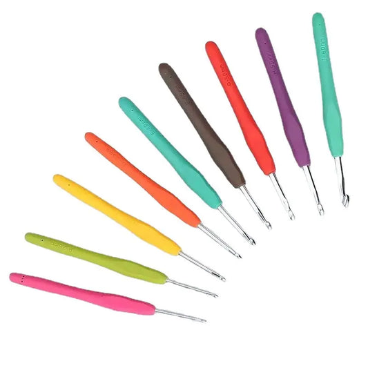 Colorful crochet hook with ergonomic handle for comfortable knitting.